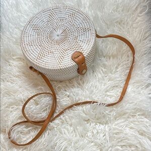 Elegant White and Tan Round Crossbody Bag